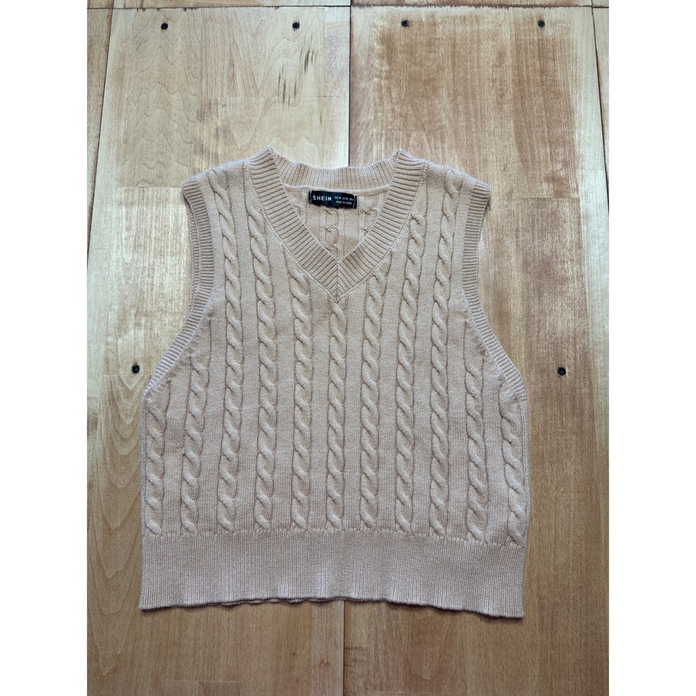 SHEIN‎ Womens Beige Cable Knit V-Neck Sweater Vest Size Medium Tan Sleeveless